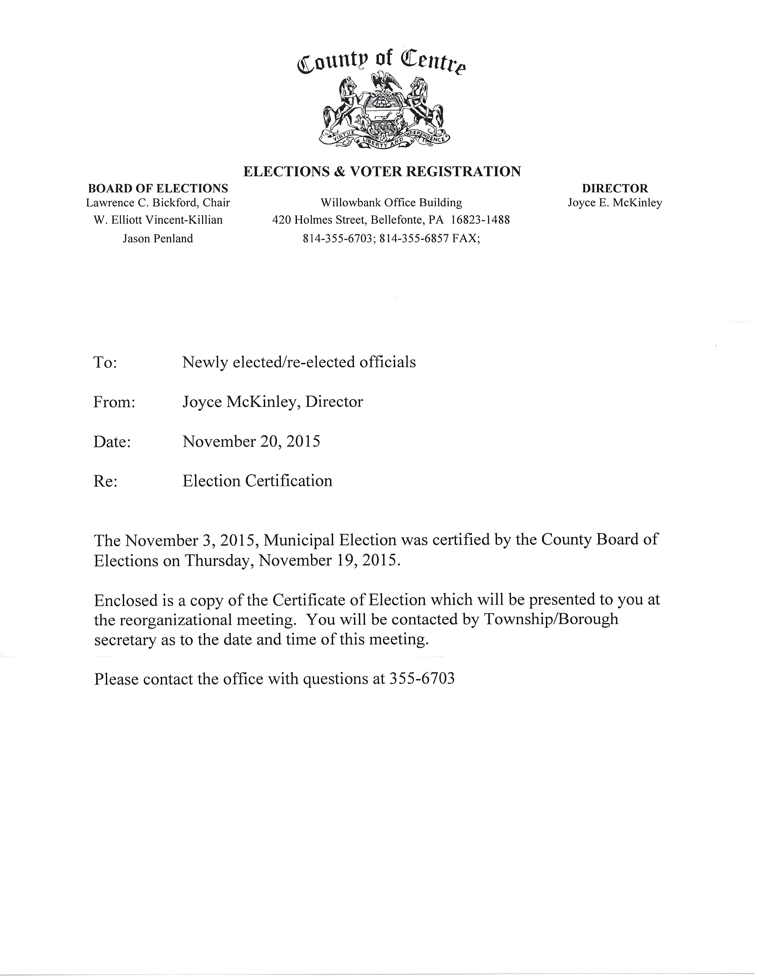 scan of the official Centre County Office of Elections certification letter