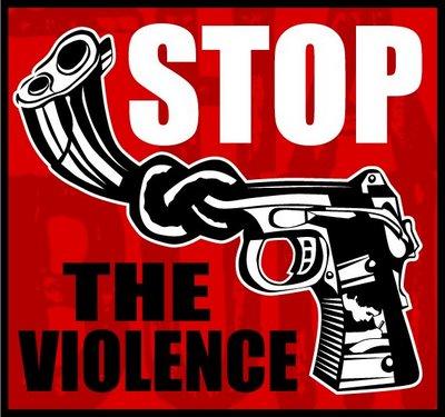 Picture of a gun with a knotted barrel with the words "Stop the Violence" surrounding the gun.
