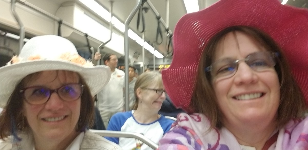 picture of My selfie of my twin sister and myself on the Seattle Light Rail heading to the #BringFamiliesTogetherMarch at Angle Lake south of SeaTac, WA. We are sitting on the train. My sister in the white hat is on the left and I'm on the right wearing a fushia-colored hat.