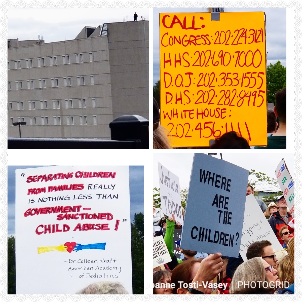 Picture collage of the Federal Detention Center, a list of numbers to call Congress (202-224-3121), HHS (202-690-7000), DOJ (202-353-1555), DHS (202-282-8995), and the White House (202-456-1111), and two signs saying, "Separating children from families really is nothing less than government-sanctioned child abuse!" and "Where are the children?"